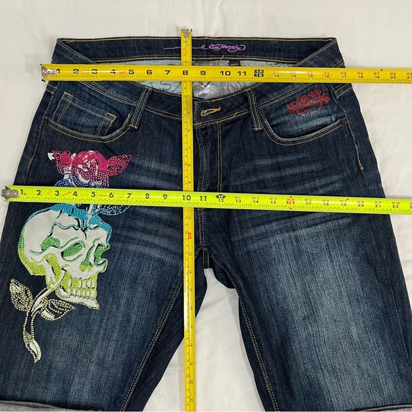 Ed Hardy Jeans Straight Leg Skull Rose Rhinestone Embroidered Painted Size 14 - Picture 12 of 14